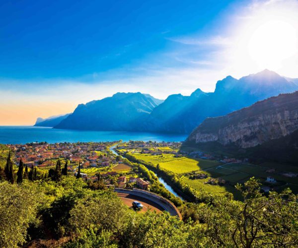 Torbole, Lago di Garda , Monte Brione mountain and Sarca river view, Trentino Alto Adige region of Italy